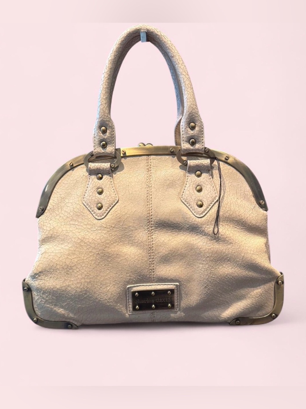 NWOT Charles David Cream Cracked Genuine Leather Dome Satchel with Brass Trim